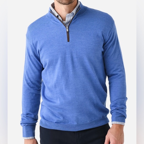 Peter Millar Cape Blue Autumn Crest Suede Trim Quarter Zip Pullover Sweater - Picture 2 of 3